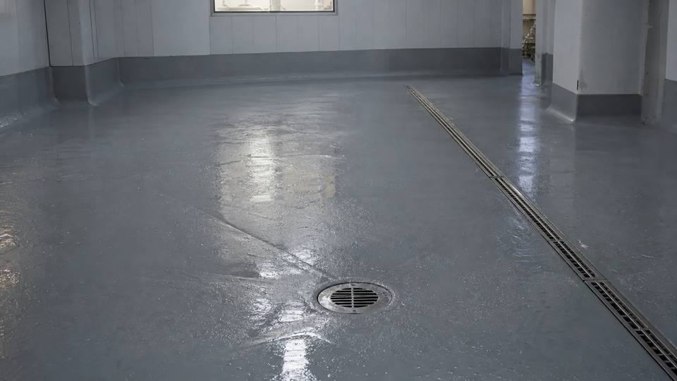 Пол производственного помещения с трапом и лотком водоотвода, покрытие заведено на стену